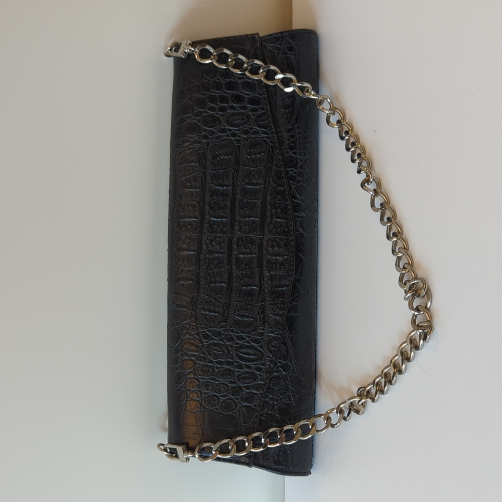 United Colors of Benetton black crocodile print clutch with metal strap